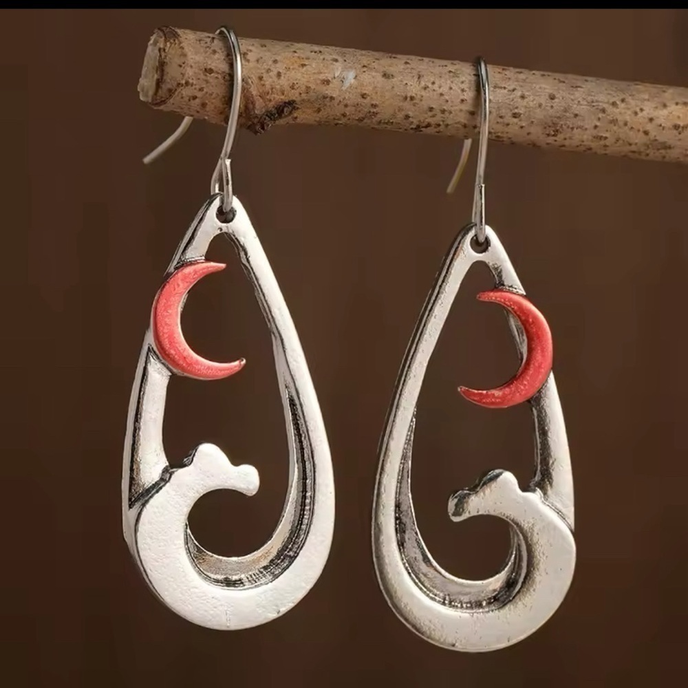 Tibetian Silver Bohemian Ocean Waves & Red Crescent Moon Tear Drop Earrings